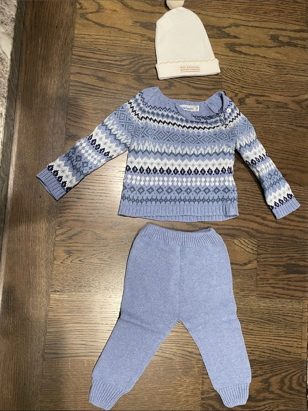Mi Lucero Blue Fair Isle Knit Sweater & Pants Set with TBBC hat
